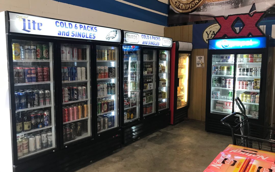 Alcoholic beverages in the fridge lined up